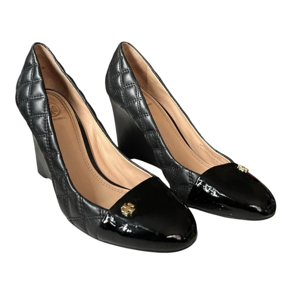 Tory Burch Women's Black Quilted Leather Wedge Patent Toe Size 8.5 US